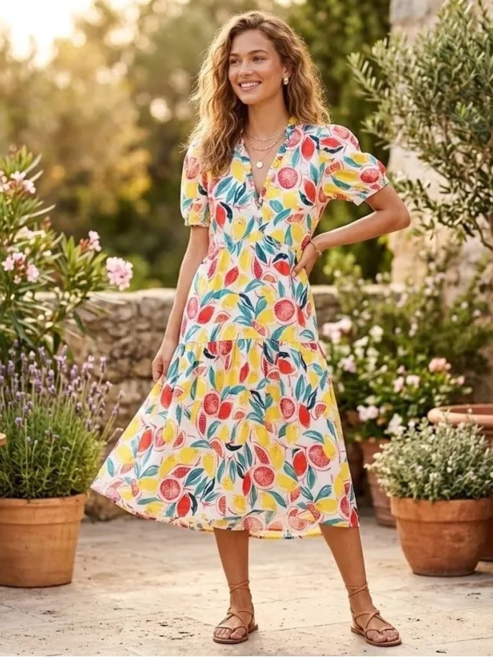 Donna Morgan Yellow Citrus Print Midi Dress